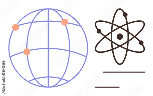 Globe with interconnected points paired with an atomic structure representing technology, science, education, innovation, data sharing, global network, and research as a simple flat metaphor