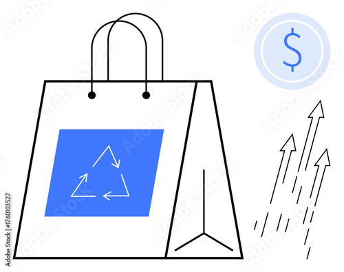 Paper shopping bag with recycling logo, dollar sign in a circle, and upward arrows. Ideal for sustainability, eco-commerce, financial growth, environmental awareness, consumer behavior, green