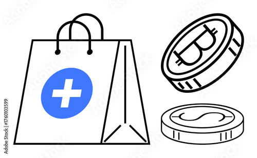 Minimalistic shopping bag with a medical cross and floating coins representing Bitcoin and currency. Ideal for e-commerce, online shopping, fintech, cryptocurrency, healthcare services, digital