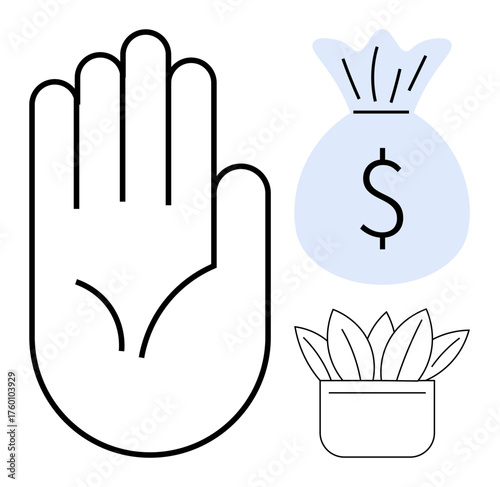 Outstretched hand, money bag, and plant pot as symbols of trust, wealth, and nature. Ideal for finance, growth, sustainability savings investment environmental care ethical practices. Simple flat
