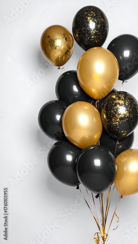 Group of gold and black balloons on a plain white background