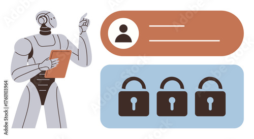 Robot holding clipboard analyzing user data with account icon and three locks. Ideal for cybersecurity, data protection, technology, AI tools, user authentication, privacy, and secure access. Simple