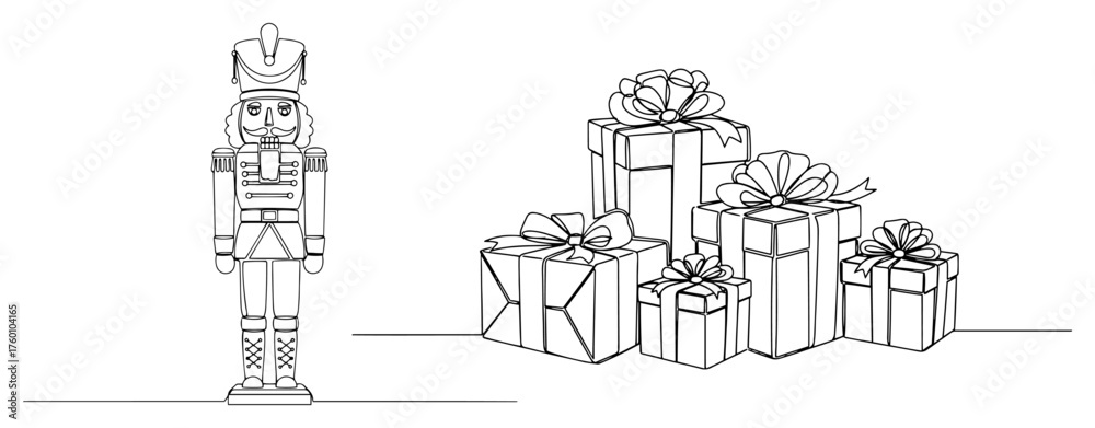 Obraz premium Nutcracker and Christmas gift boxes minimalist line art vector