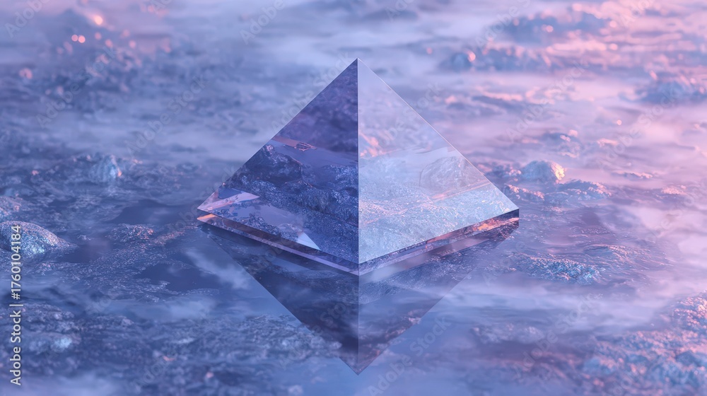 Obraz premium A glass pyramid rests serenely on a misty, iridescent surface, bathed in soft twilight hues.