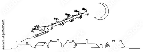 One continuous line drawing of Santa Claus flying in sleigh with reindeer over city rooftops.