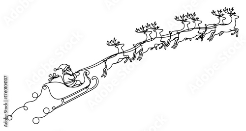 Santa sleigh with flying reindeer minimalist Christmas line art vector