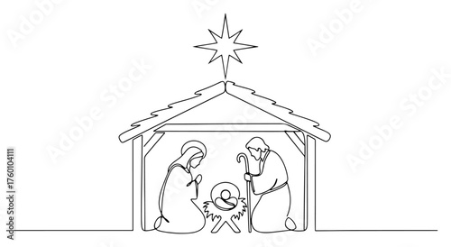 One continuous line drawing of Christmas Nativity scene with Holy Family.