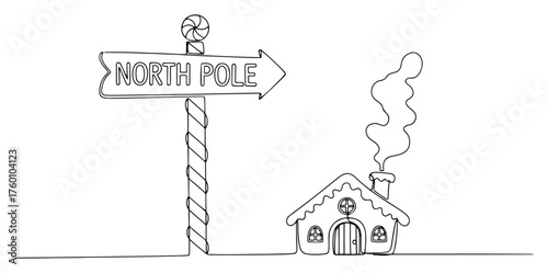 One continuous line drawing of North Pole sign and gingerbread house. Christmas holiday minimalist vector illustration.