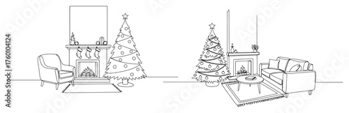 Christmas living room with fireplace and tree minimalist line art vector
