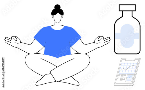 Woman practicing meditation in a lotus pose, accompanied by a medication bottle and clipboard with charts. Ideal for themes thumbs up health, wellness, mindfulness, balance, medical care, therapy