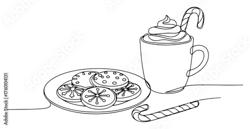 One continuous line drawing of Christmas cookies and hot chocolate. Winter holiday treats minimalist vector illustration.