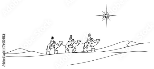 One continuous line drawing of the Three Wise Men. Nativity scene with magi on camels vector illustration.
