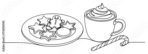 One continuous line drawing of gingerbread man cookies and hot chocolate. Christmas treats minimalist vector illustration.
