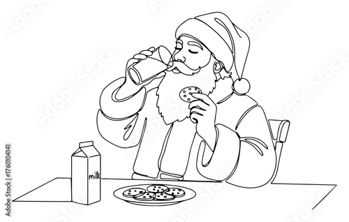 One continuous line drawing of Santa Claus eating cookies and drinking milk.
