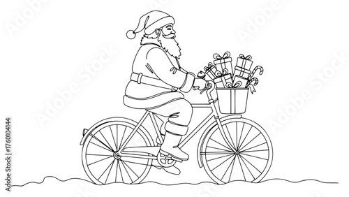 One continuous line drawing of Santa Claus riding a bicycle with a basket full of gifts.