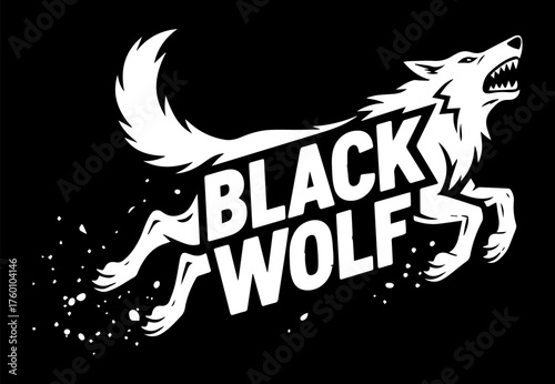 A logo with a white silhouette of a wolf with the inscription Black Wolf on a black isolated background. Vector graphics. EPS.
