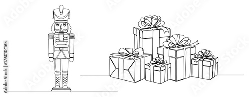 Nutcracker and Christmas gift boxes minimalist line art vector