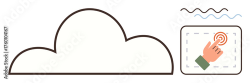Large cloud outline paired with a hand tapping on a digital interface panel. Ideal for cloud computing, data access, user experience, networking, technology, innovation, connectivity. Simple flat
