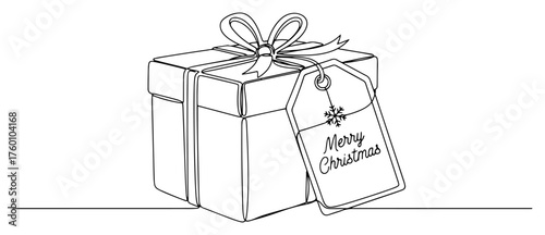 One continuous line drawing of a Christmas gift box with a bow and 'Merry Christmas' tag.