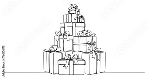 Stacked Christmas gift boxes pyramid minimalist line art vector