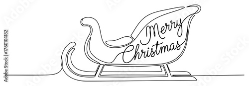 One continuous line drawing of Santa's sleigh with Merry Christmas lettering. Holiday vector illustration.