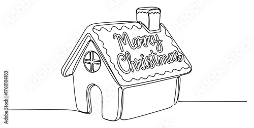 One continuous line drawing of a gingerbread house with Merry Christmas lettering. Holiday vector illustration.