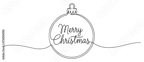 One continuous line drawing of a Christmas bauble with Merry Christmas lettering. Holiday ornament vector illustration.