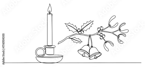 Christmas Continuous Line Drawing. Vector holiday illustration with candle, holly, mistletoe, and bells.
