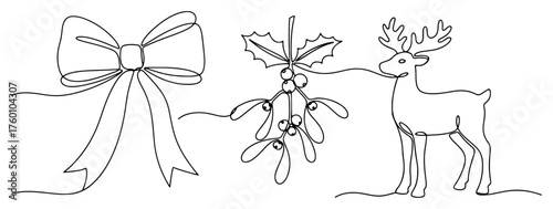 Christmas decoration set in a continuous one line drawing style. Minimalist bow, mistletoe, and reindeer holiday symbols. Vector illustration.