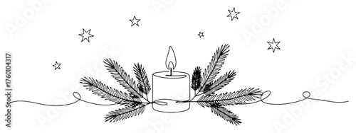 One continuous line drawing of a Christmas Advent candle. Winter decoration with fir branches and stars vector illustration.