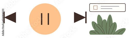 Back, pause, and forward media buttons with a checkbox notification panel and plant illustration. Ideal for technology, media, sustainability, user interface, eco-design, communication