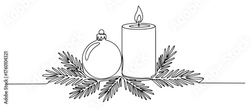Christmas candle and bauble continuous line border — black vector holiday divider with fir branches