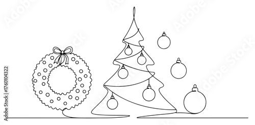 One continuous line drawing of a Christmas scene with a decorated tree and a festive wreath.