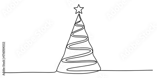 Minimal One-Line Christmas Tree with Star — Black Vector Line Art on White