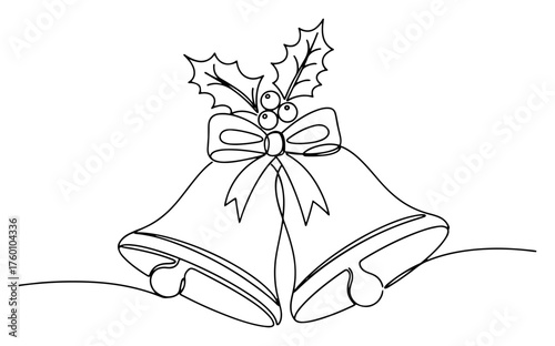 One continuous line drawing of Christmas jingle bells with a festive holly bow.