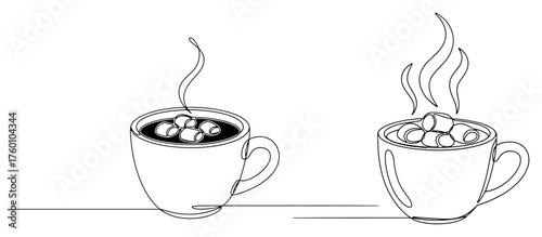 Hot cocoa mugs with marshmallows minimalist Christmas line art vector