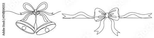 One continuous line drawing of Christmas jingle bells and ribbon. Holiday decoration vector illustration.