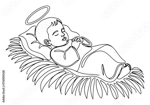 Newborn angel sleeping in manger minimalist nativity line art vector