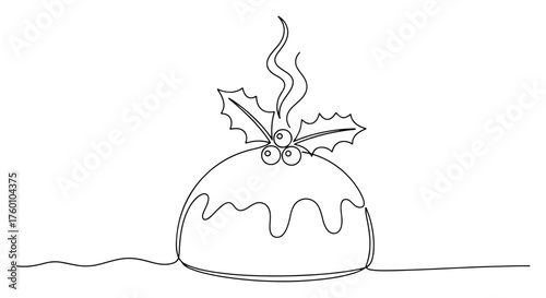 One continuous line drawing of a traditional Christmas pudding. Holiday dessert with holly vector illustration.