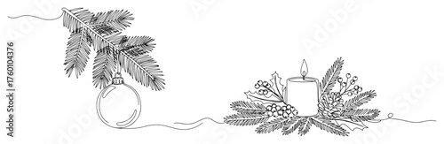 Pine branch bauble and candle centerpiece minimalist Christmas line art vector
