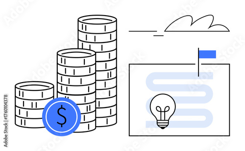Stacked coins with currency symbol, innovation light bulb inside strategic path, and progress flag. Ideal for finance, investment, innovation, strategy, business planning, goal setting success