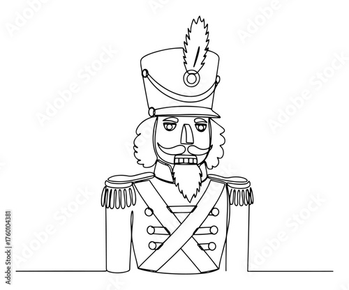 One continuous line drawing of a Christmas nutcracker toy soldier. Holiday character vector illustration.