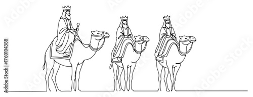 One continuous line drawing of the Three Wise Men on camels. Biblical Nativity scene vector illustration.