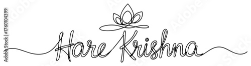 One continuous line drawing of Hare Krishna mantra lettering with a lotus flower.