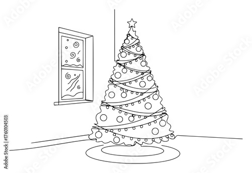 One continuous line drawing of a decorated Christmas tree in a cozy room by a snowy window.