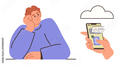 Thoughtful person rests head on hand beside a hand holding a smartphone showing a verification code. Ideal for technology, authentication, digital security, cloud storage, privacy, online access