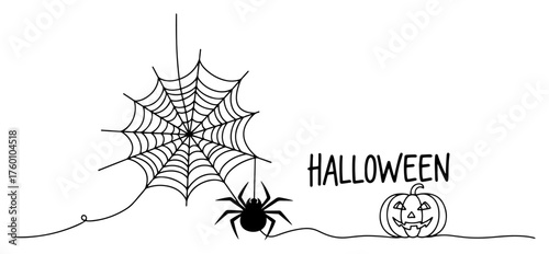 Halloween spider web with pumpkin minimalist line art vector
