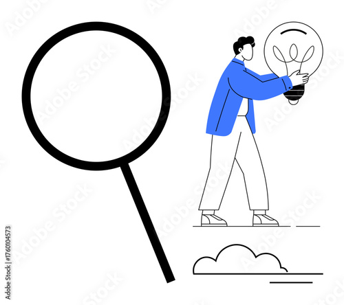 Person holding glowing lightbulb near large magnifying glass and minimal cloud. Ideal for research, discovery, problem-solving, insight, creativity, innovation, business growth. Simple flat metaphor