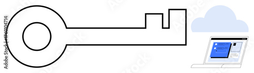 Large key connected to laptop screen displaying a software interface, with cloud in the background. Ideal for security, cloud computing, data protection, technology, software, access, encryption