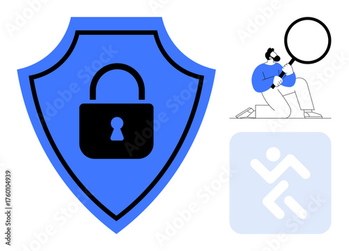 Blue shield with black lock, person holding magnifying glass examining data, symbol of system connections. Ideal for cybersecurity, data protection, analysis, privacy, safety, investigation system